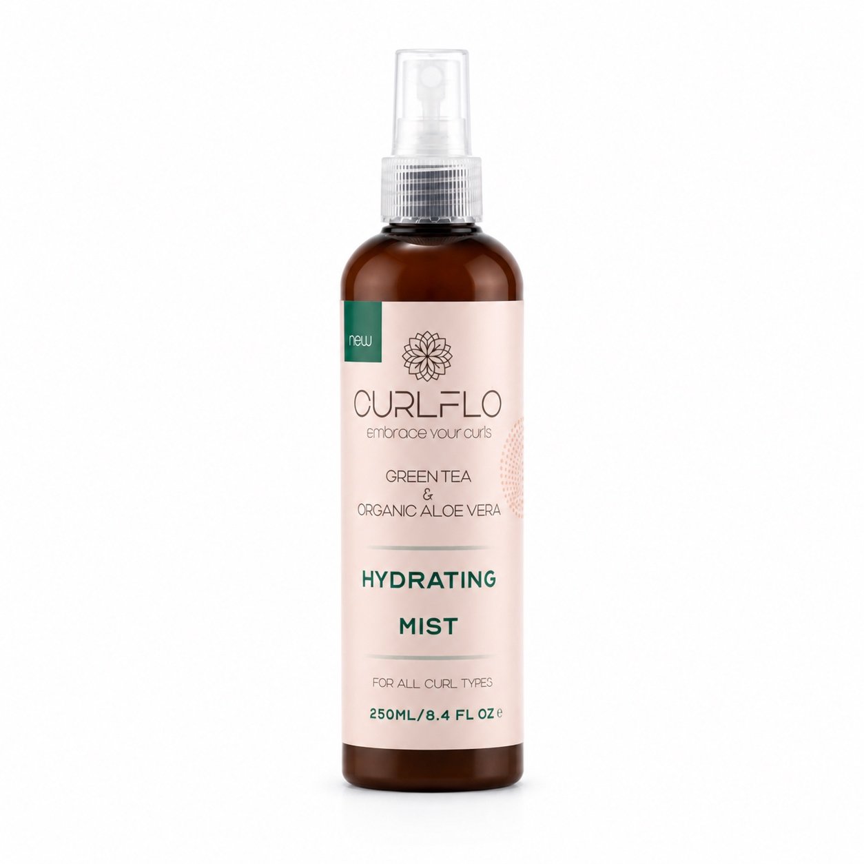 Drėkinamasis purškiklis Curl Flo Green Tea & Organic Aloe Vera Hydrating Mist 250 ml.